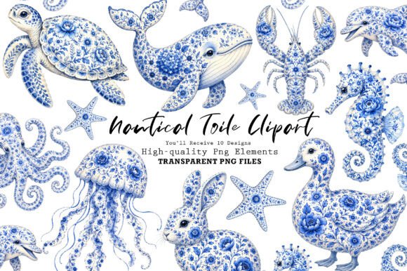 Download Chinoiserie Blue Sea Animals Clipart PNG - Sea animals Collection