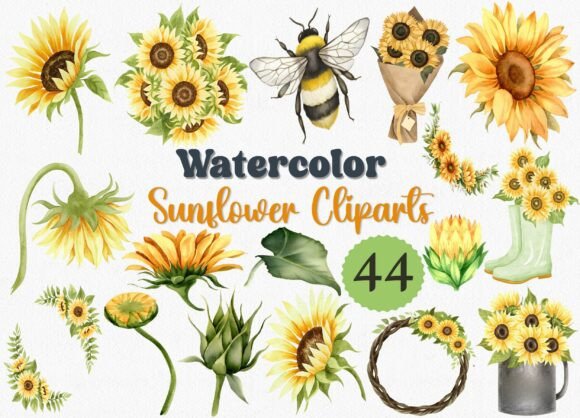 Download Watercolor Sunflower Clipart Set, 44 PNG - Flower clipart Collection