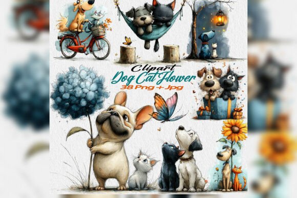 Download Whimsical Dog Cat Flower Clipart PNG Set - Flower clipart Collection