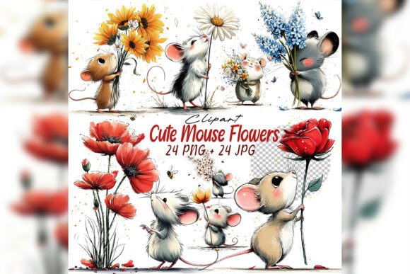 Download Whimsical Mouse &amp; Flower Clipart Set - Flower clipart Collection