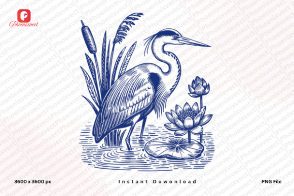 Download Hand Drawn Vintage Floral Heron Bird PNG - Hand drawn Collection