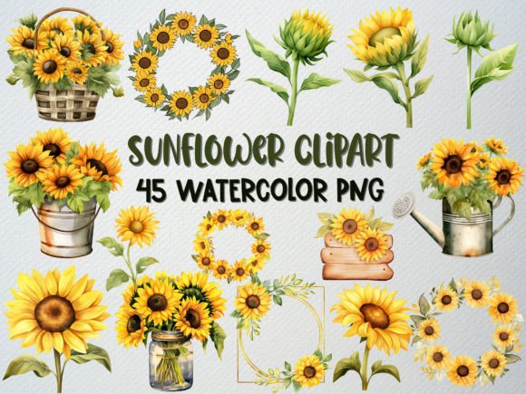 Download Watercolor Sunflower Clipart Set, 45 PNG - Flower clipart Collection