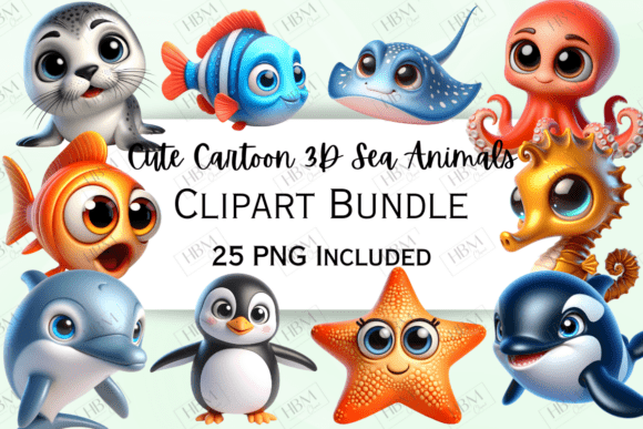 Download Cute Cartoon 3D Sea Animals Clipart - Sea animals Collection